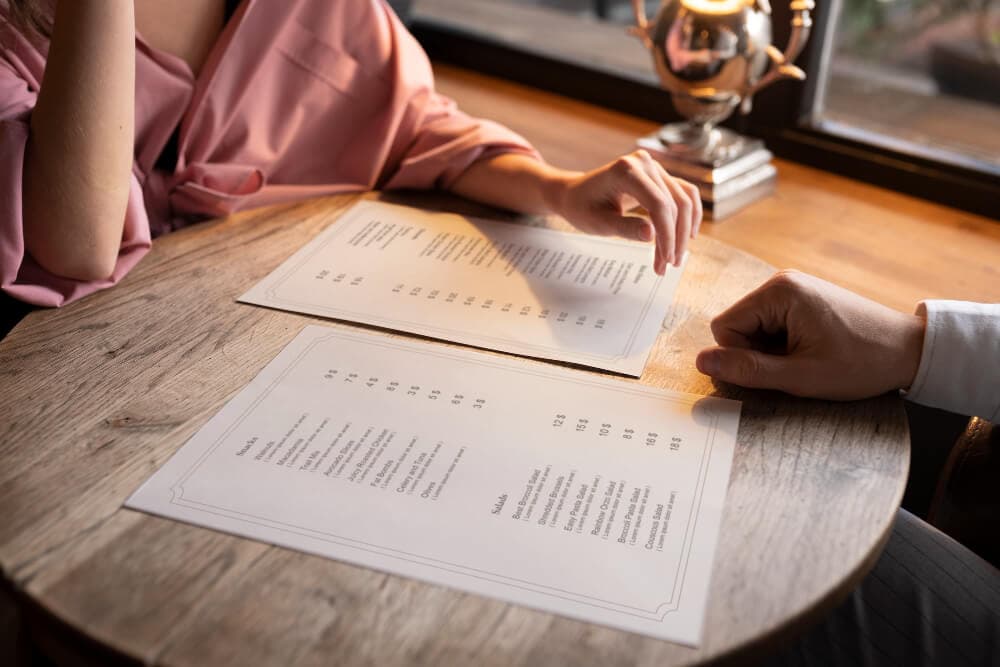 A person with Type 1 Diabetes planning their meal while eating out at a restaurant.